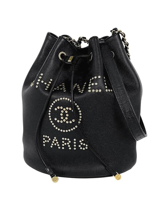 Chanel Handbags - Chanel Deauville Shoulder Bag Studs Drawstring Caviar Leather Black